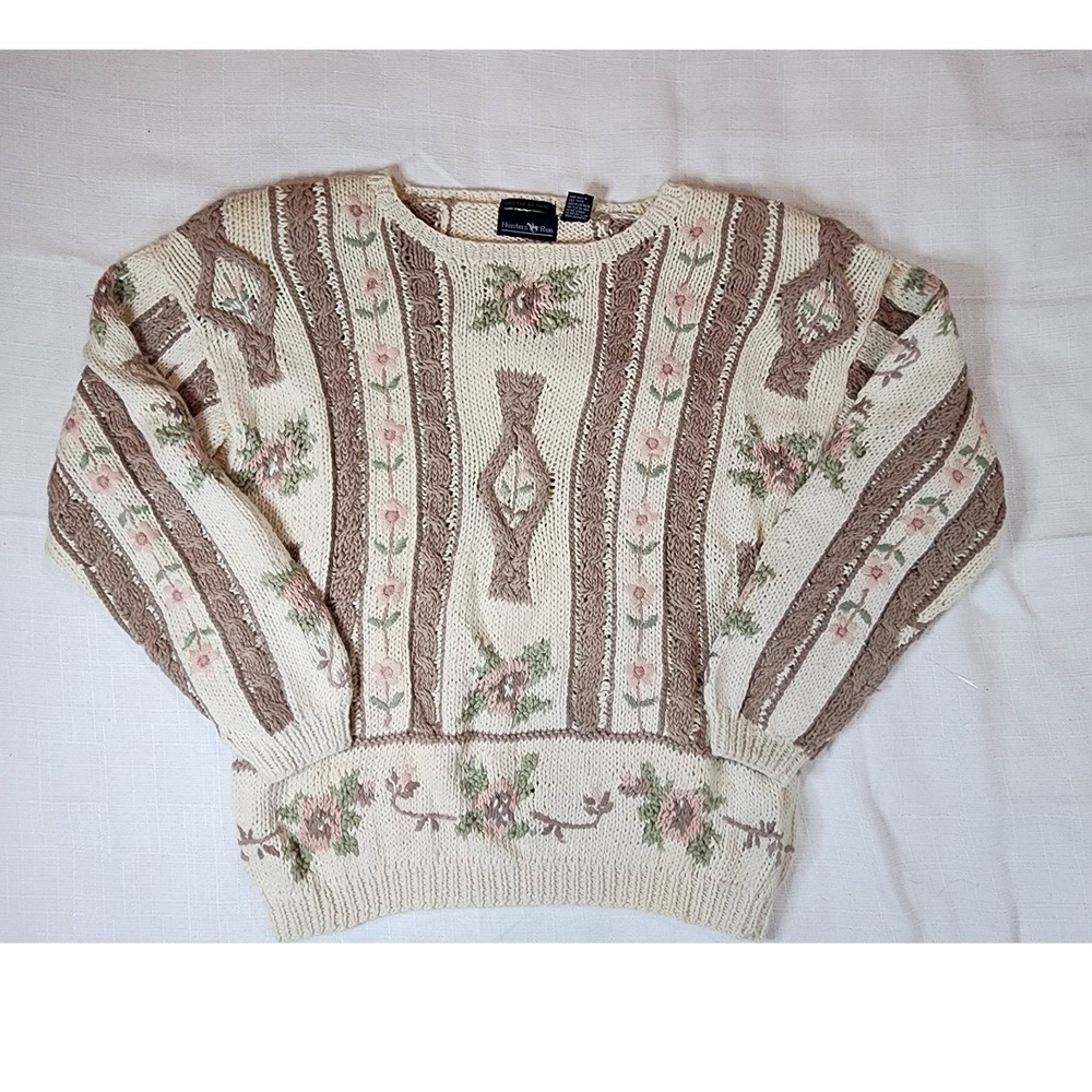 Vintage Hunters Run Hand Knitted Floral Cable Knit Sweater Cream Pink Large